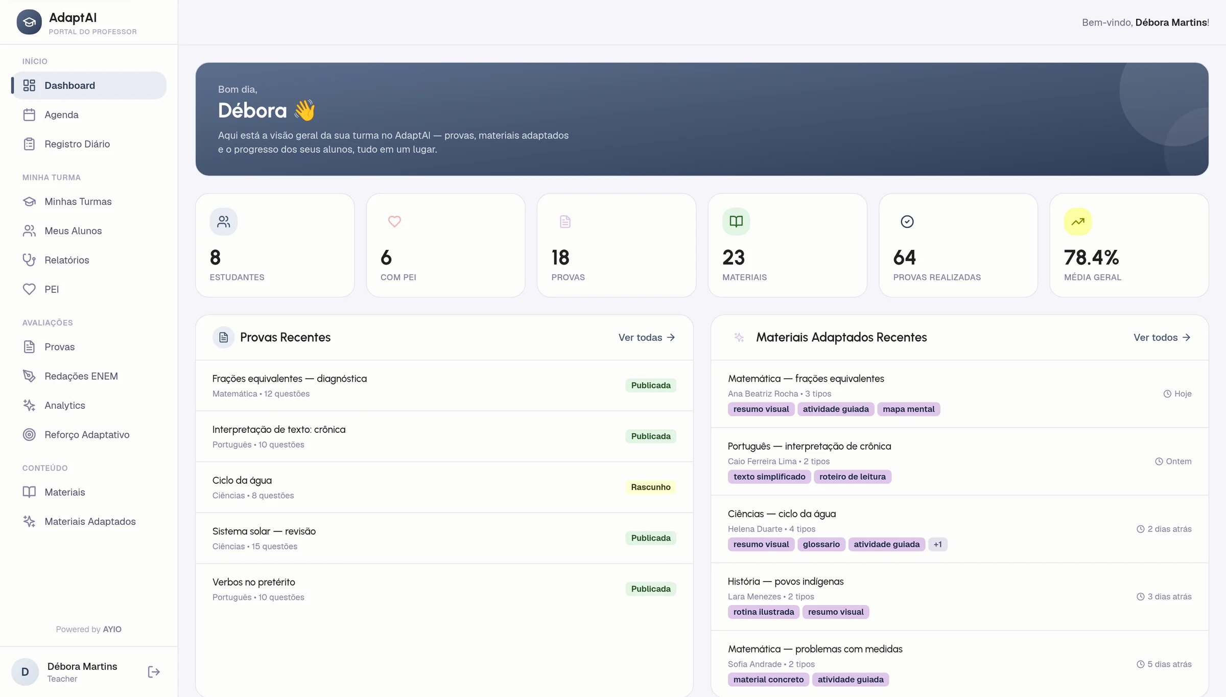 Painel do AdaptAI: contadores de estudantes, estudantes com PEI, provas, materiais e média geral; listas de provas recentes e de materiais adaptados recentes por aluno