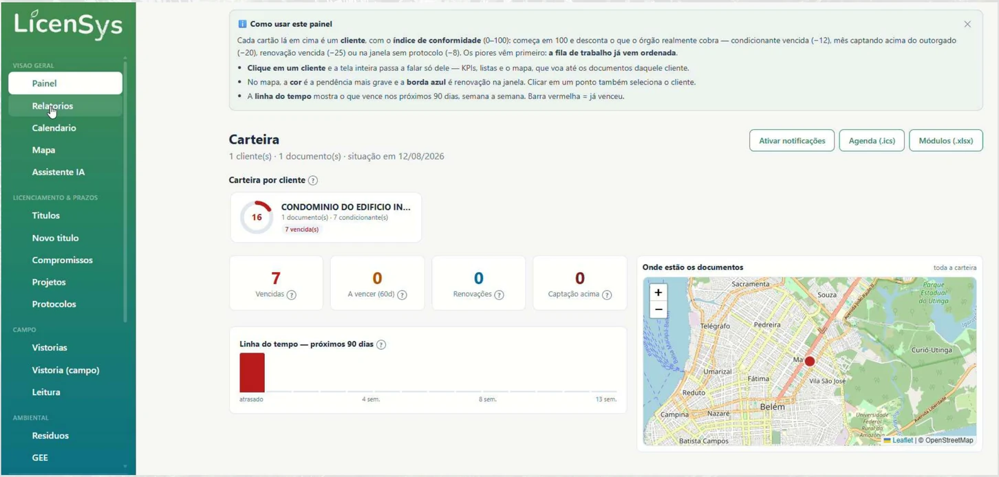 Painel da LicenSys: carteira de clientes, índice de conformidade, mapa e linha do tempo